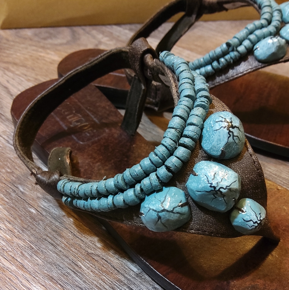 Mystique Boho Turquoise Leather Thong Sandlas NIB - Picture 6 of 13